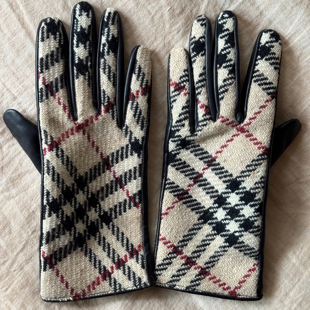 Burberry Plaid Wool Gloves with Leather Trim